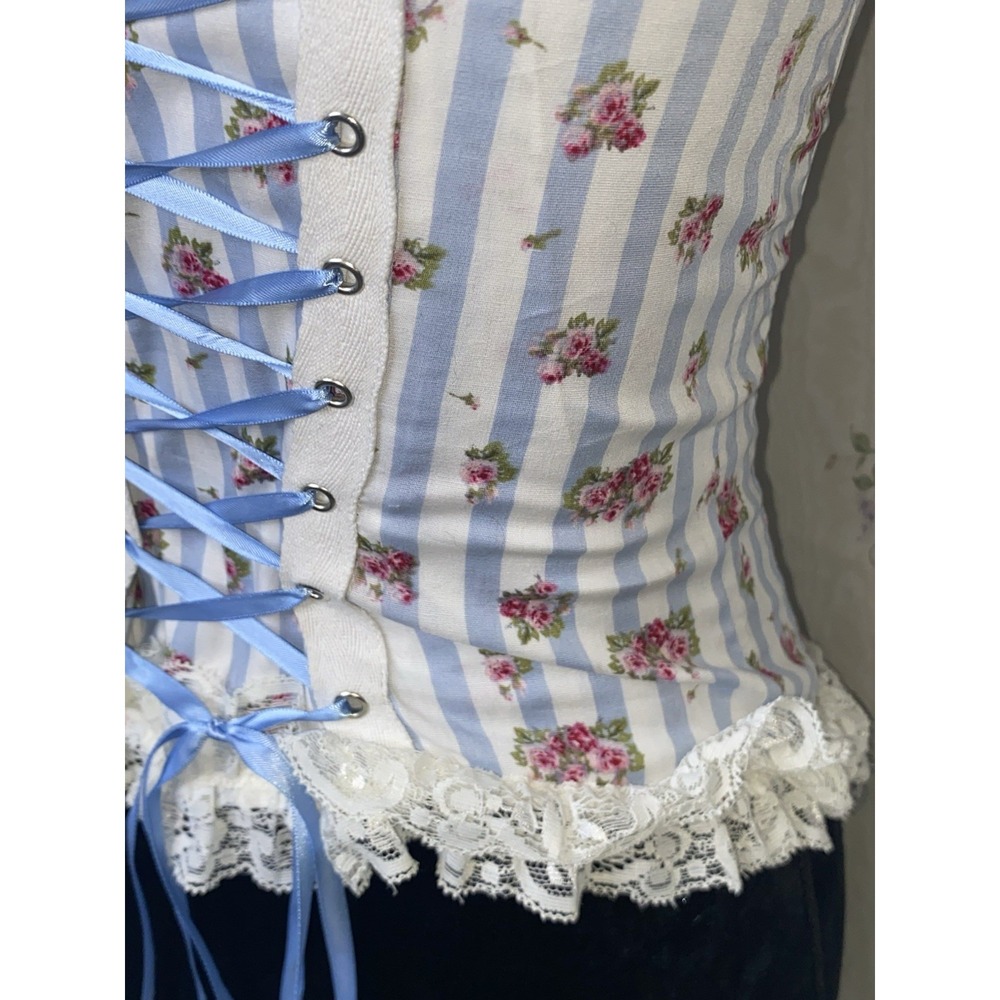 RARE Hell Bunny Corset XS Cottagecore Blue Floral And Lace Velvet Straps - Picture 10 of 15